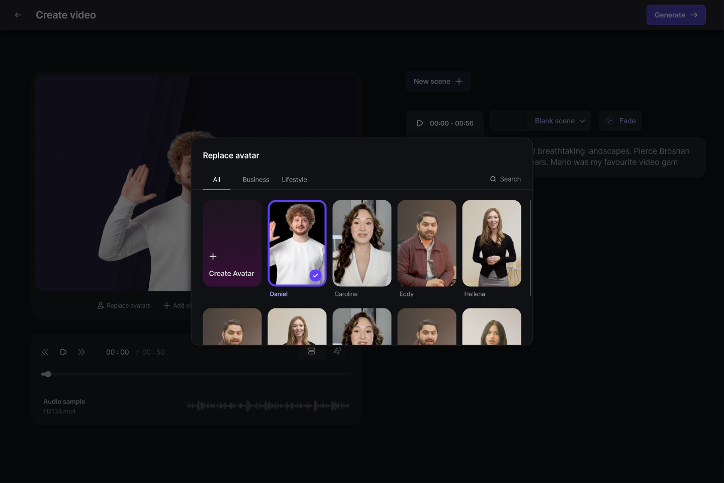 The Replace avatar picker: a grid of named stock avatars with All, Business and Lifestyle filters, search, and a Create Avatar tile.