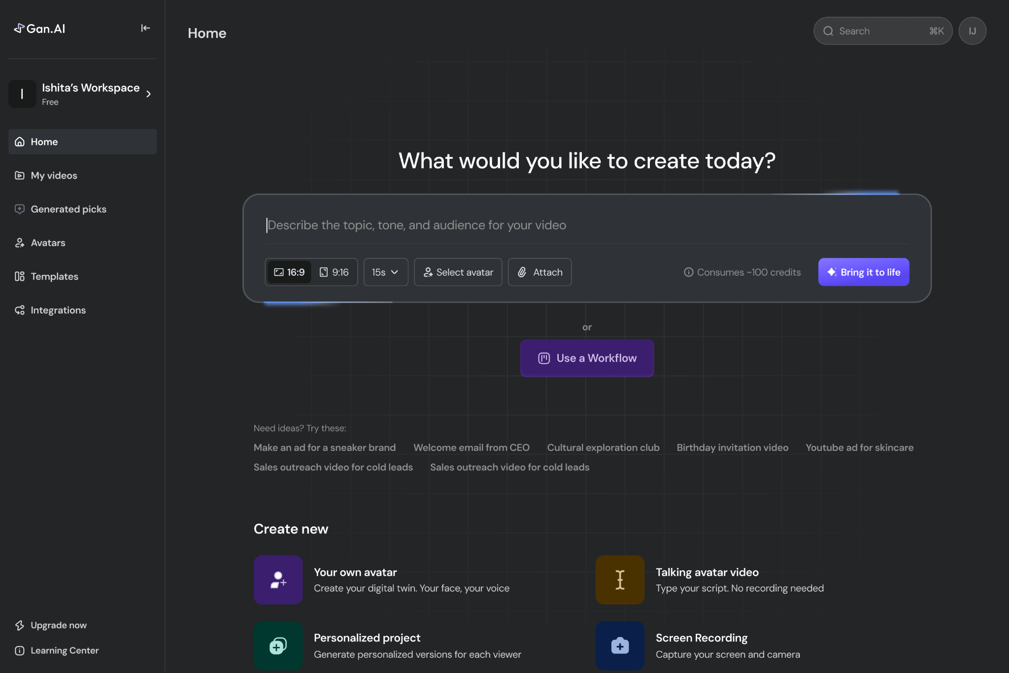 The Gan.ai home screen: a prompt bar asking What would you like to create today, with a field to describe the topic, tone and audience, format and avatar controls, and a Bring it to life button.