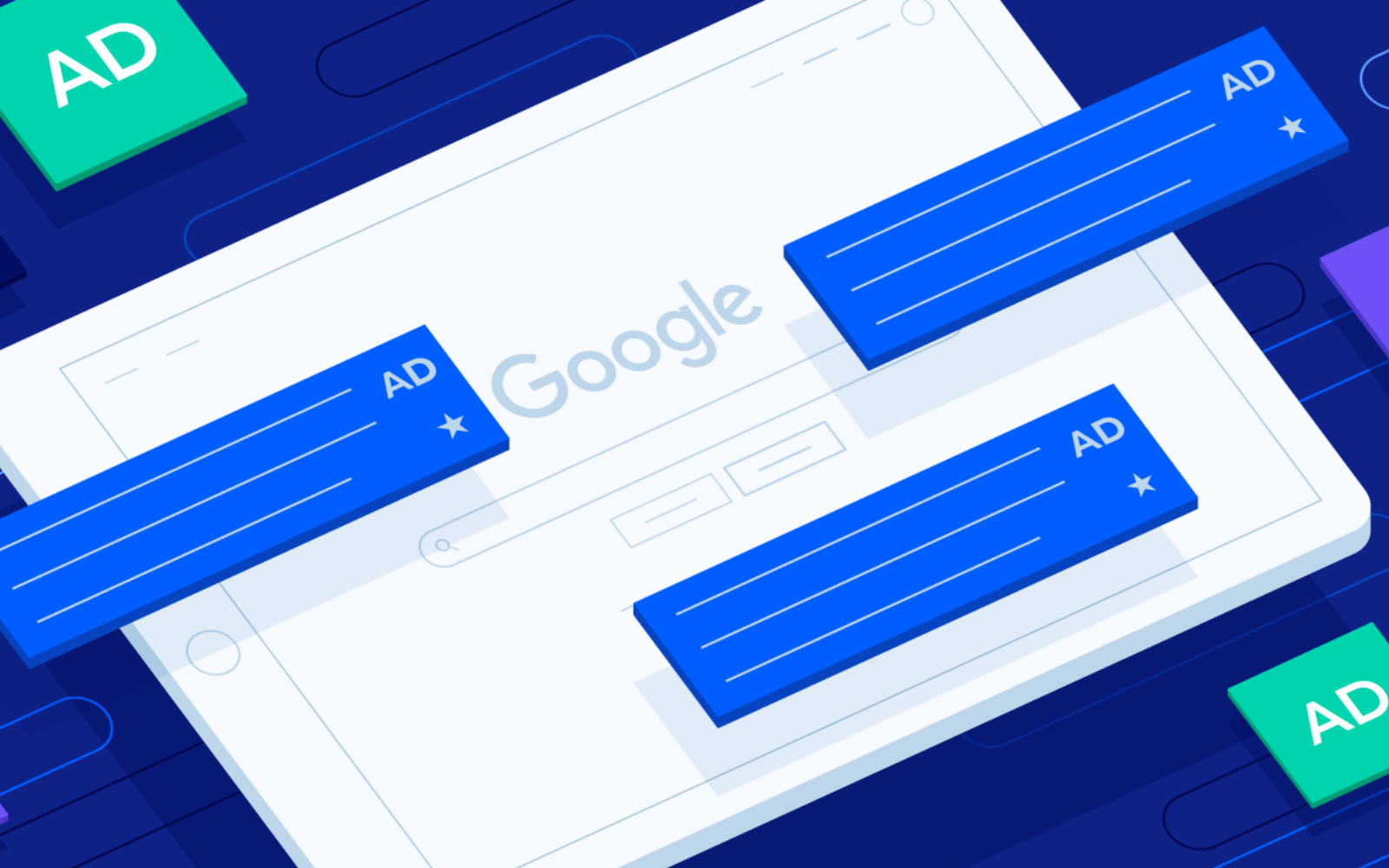 Google Ads - blue illustration of sponsored ad cards on a Google search page.
